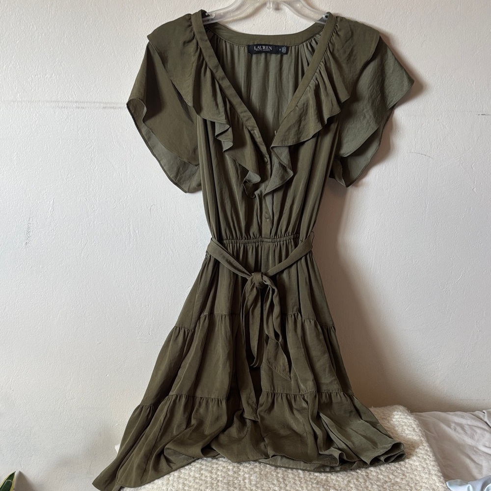Lauren Ralph Lauren Olive Ruffle-Front Mini Dress with Tie Waist